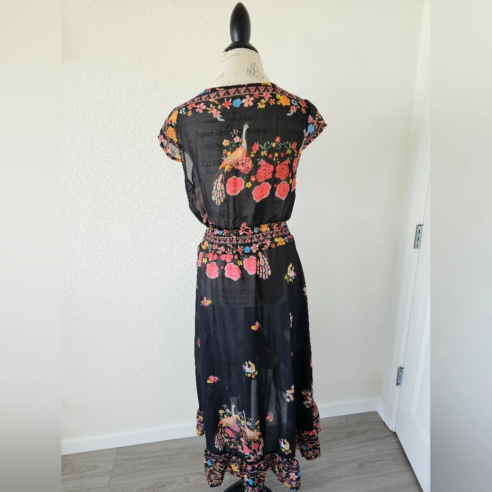 Floral Black Sheer Swim Coverup Dress With Flower And Bird Print One Size